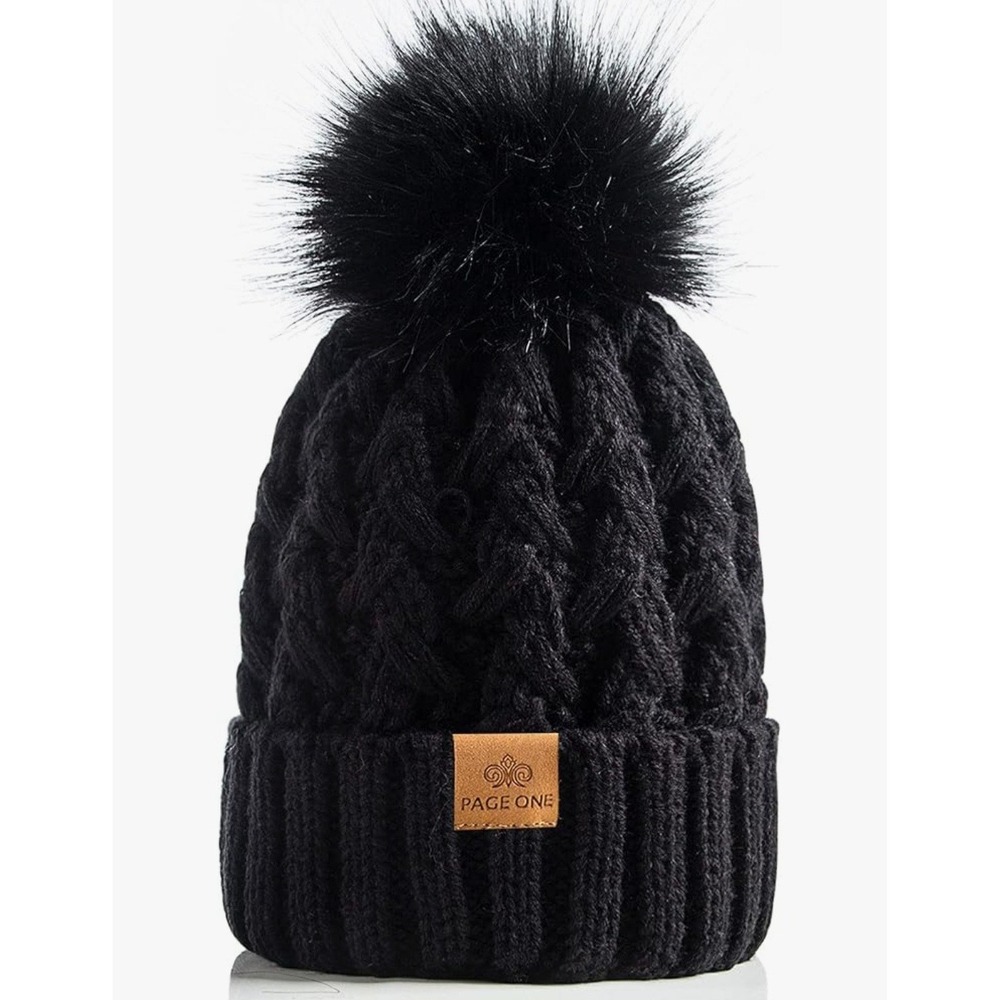 Page One Womens Cable Knit Beanie Black Faux Fur Pom Pom Winter Hat Cuffed New